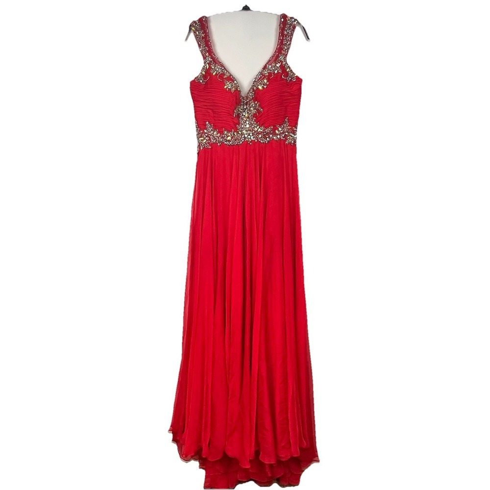 Mac Duggal Womens Red Formal Dress - Size 10 Beaded Chiffon Prom Evening Gown
